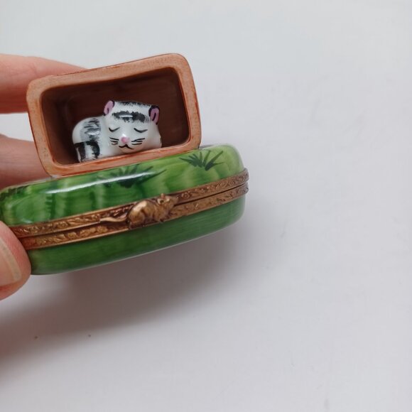 Limoges France Porcelain Cat in Box On Green Grass Trinket Box Peint Main - Picture 5 of 14